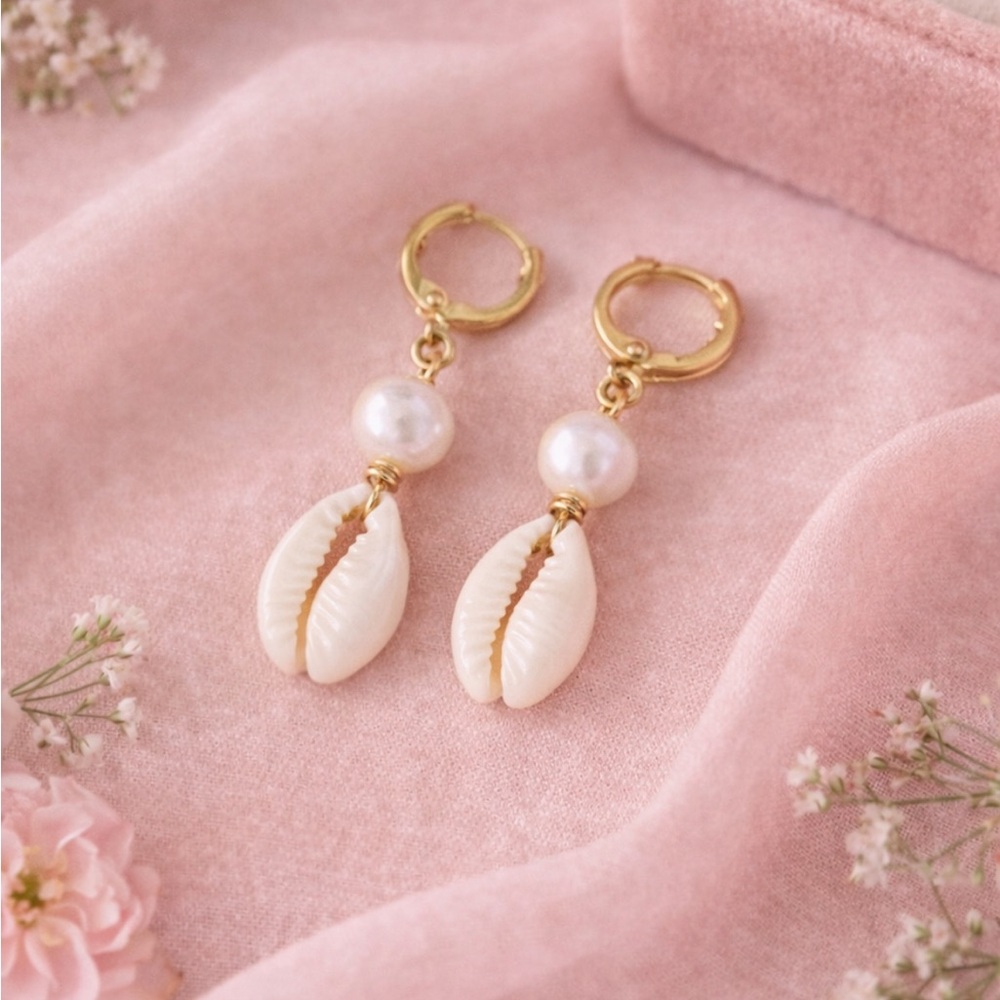 Gold Filled Pearl & Cowrie Shell Drop Earrings Boho Beach Coastal Wedding - Picture 3 of 5